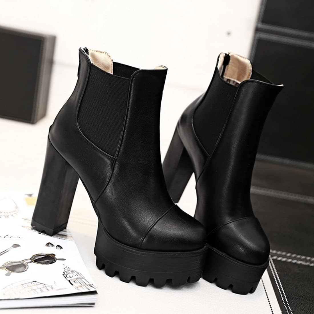 VOKLIN Women's Chunky Platform Block High Heel Ankle Boots Round Toe Side Panel Zipper Dressy Short Booties
