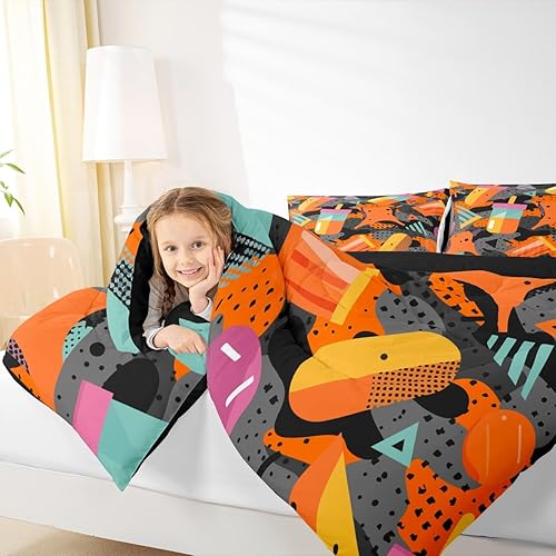 Miniatura 4 de Erosebridal Juego de edredón de camuflaje, tamaño Queen, abstracto, negro, naranja, camuflaje, vintage, 80, 90, Memphis, edredón acolchado para