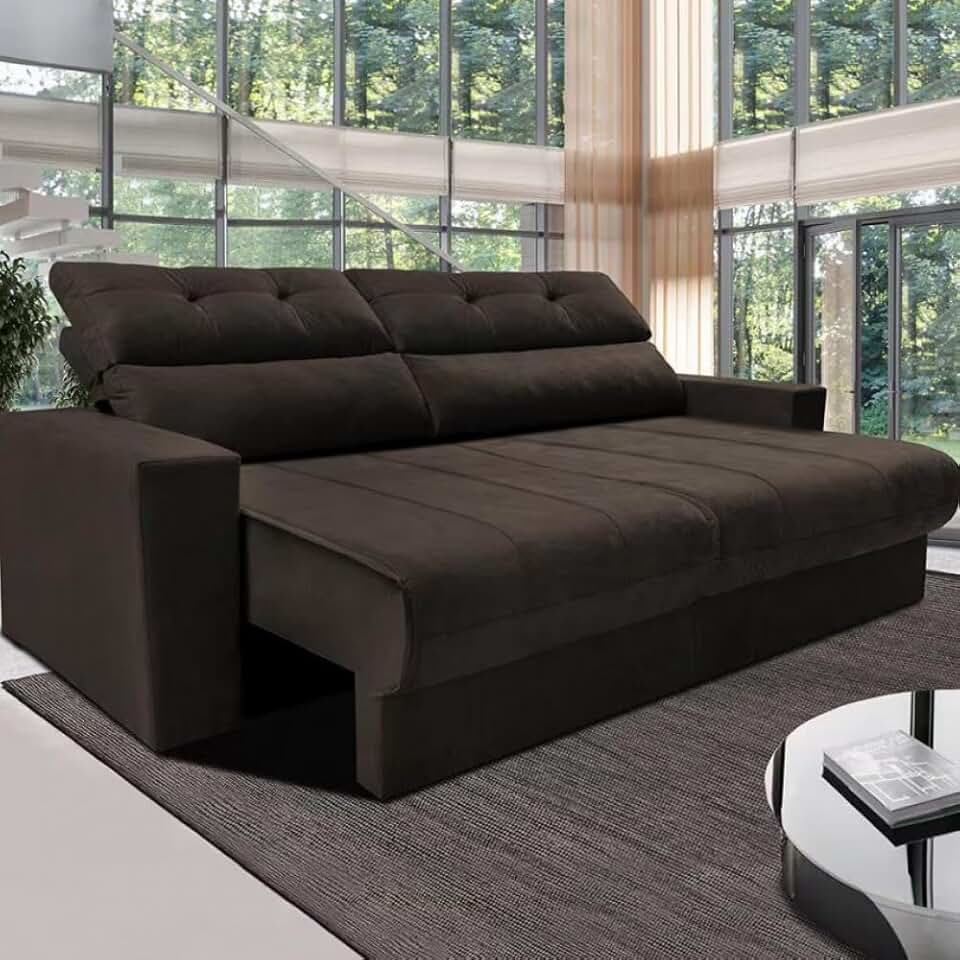 Cama inBox Sofá 3 Lugares Retrátil e Reclinável, Café, Velusoft, 190cm Largura, 95cm Altura, 86cm Profundidade