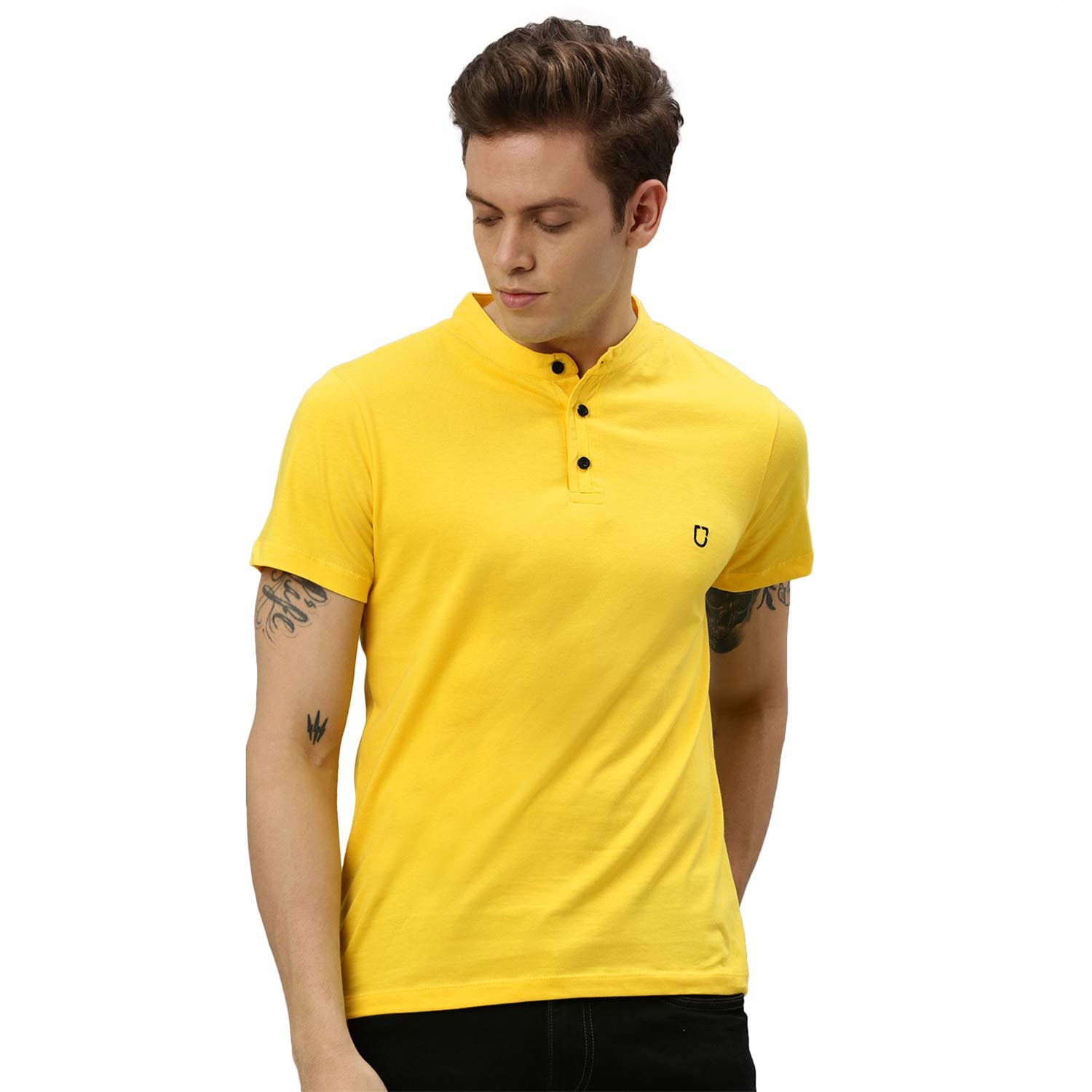 Urbano FashionMen's Solid Mandarin Collar Slim Fit Half Sleeve Cotton T-Shirt