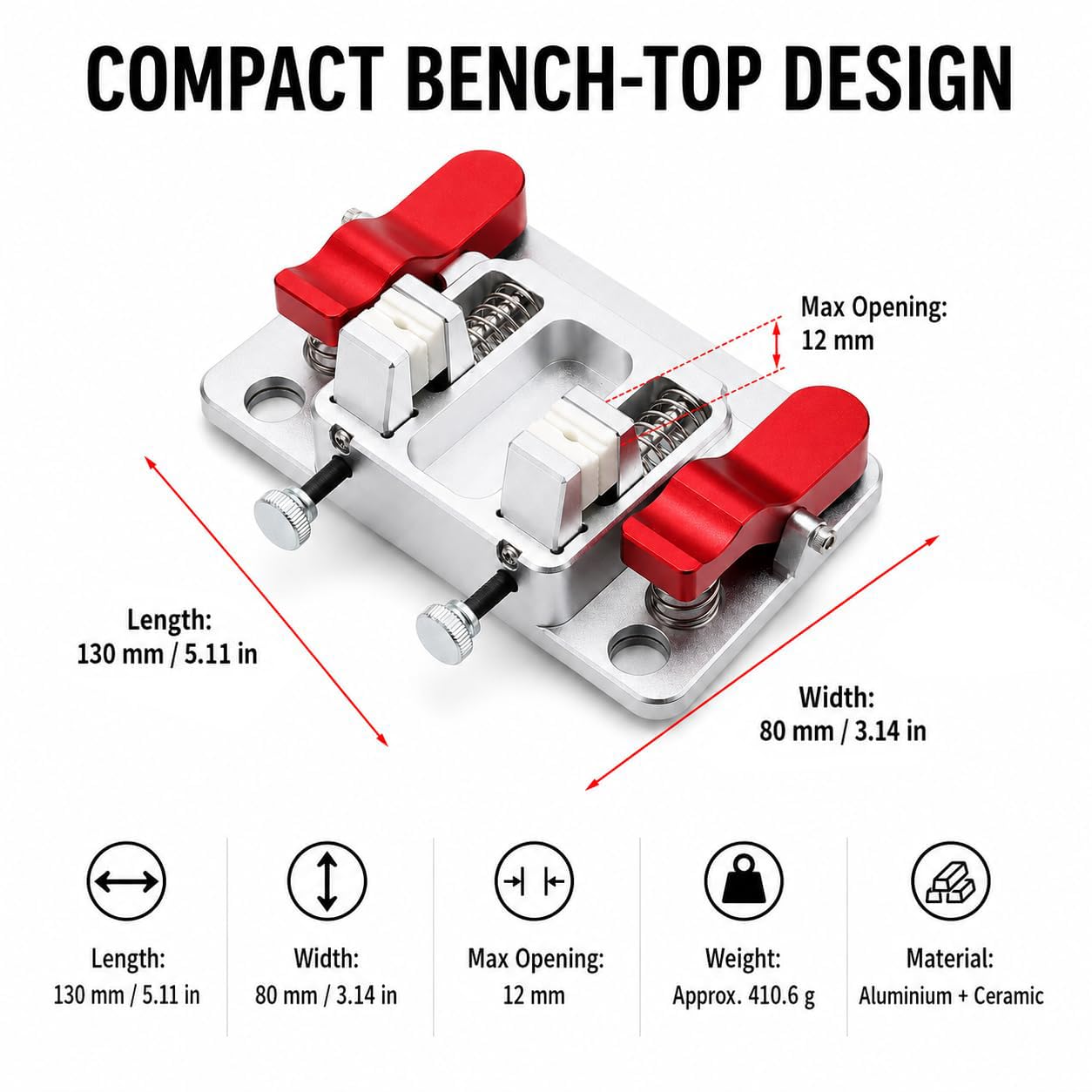 Zacisk do lutowania PCB, ceramiczny, żaroodporny uchwyt lutowniczy z aluminiową podstawą, narzędzie do naprawy płytek drukowanych do taśmy LED, otwór 12 mm, 130x80 mm, 410g