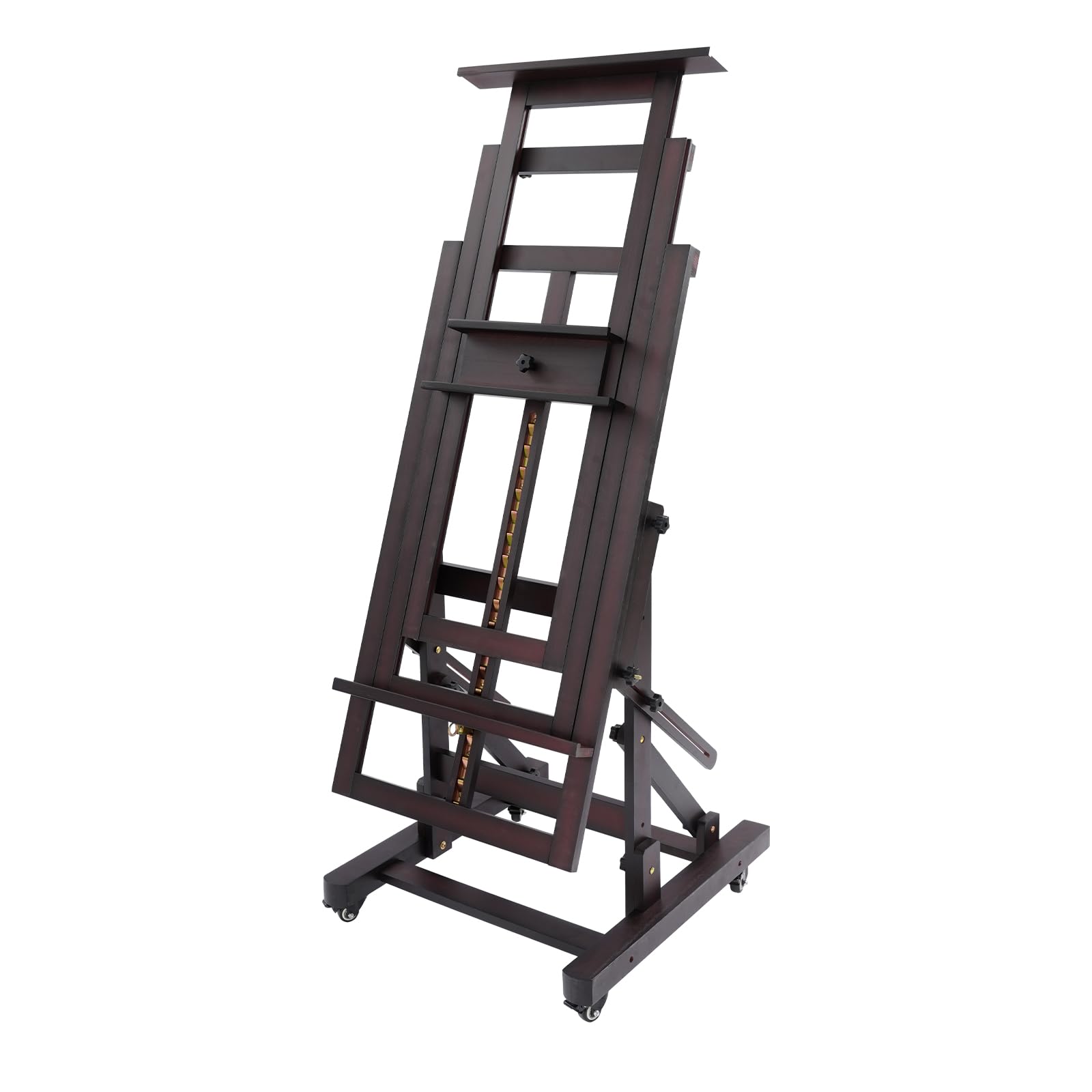 Caballete de madera ajustable en altura 140 – 300 cm, caballete de pintura móvil con ruedas y freno, doble soporte de lienzo, para taller, estudio y hogar (color nogal)