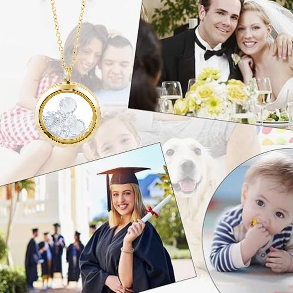 4pcs Photo Locket Charms Necklace Round Stainless Steel Locket Pendants Crystal Double-Sided Picture Frame Memory Locket Charm with 17.7inch Chain for Wedding Jewellery Making Photo - Image 7