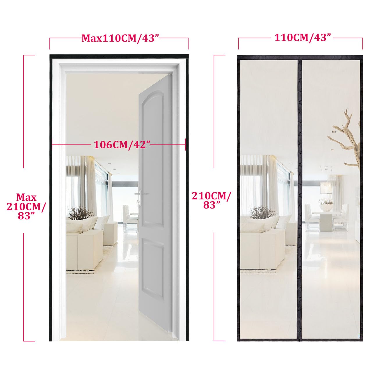 Apalus Prime Zanzariera con Magneti per Porte, 110x210 CM - Rete Fine, Tenda Totalmente Magnetica, si Chiude da Sola - Non Accorciabile (Prime Nero)