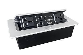 Audiovan Hydraulic Cable Cubby Popup Box with 2 Power 2 Rj45 LAN Port 2 USB A+C Intreface 1 4k HDMI & Audio Connector with 1 Year Warranty (10 Module, Silver)