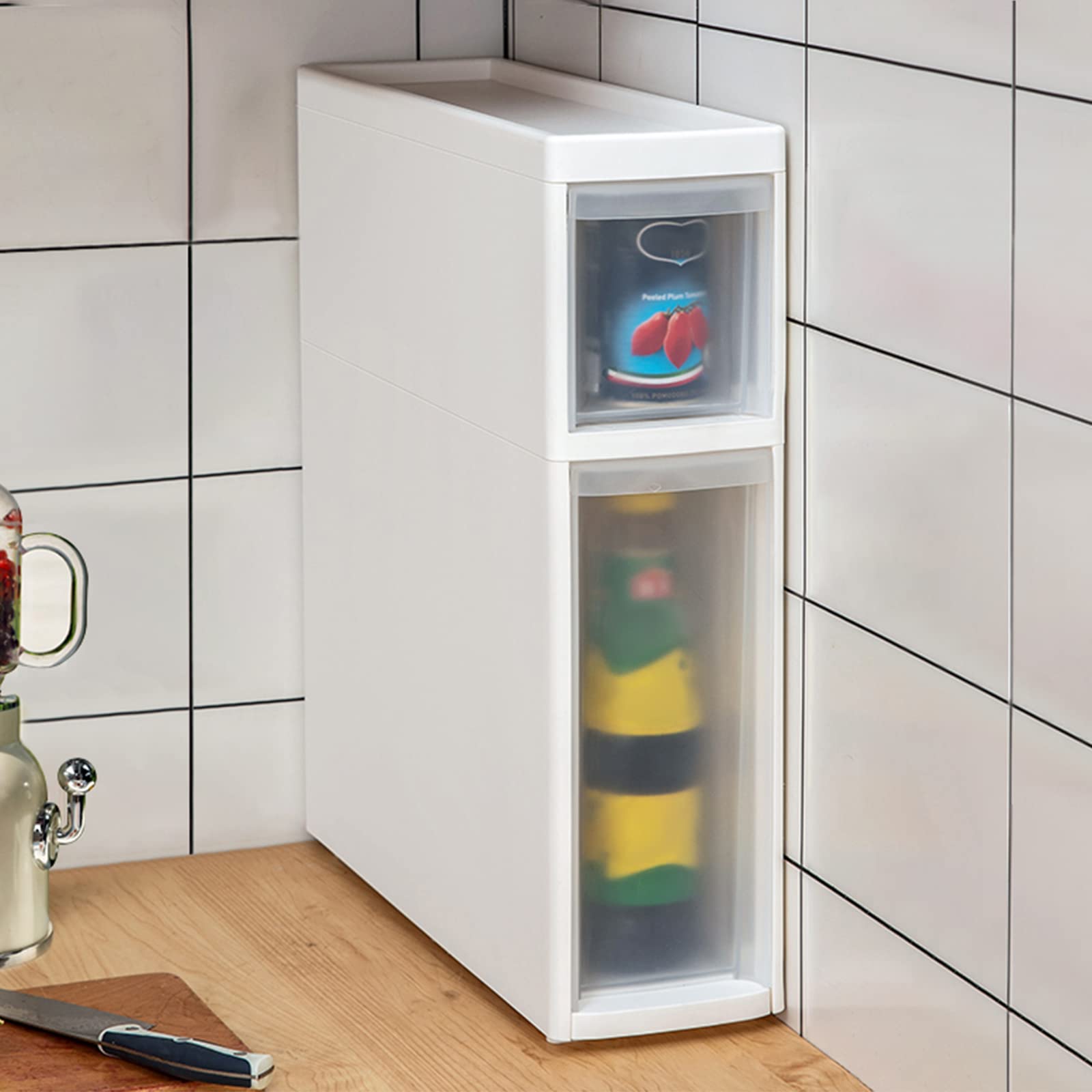 Armadietto portaoggetti bianco da 14 cm, con ante sottili in plastica, 2 ripiani, salvaspazio, per carta igienica e accessori da bagno in piccoli spazi