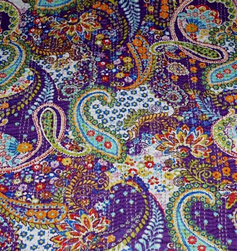 V Vedant Designs Purple Ethnic Kantha Paisley Print Quilt, Handmade Kantha Decorative Bed-Cover, Queen Size Traditional Kantha Blanket, Twin, 90x60 Inch