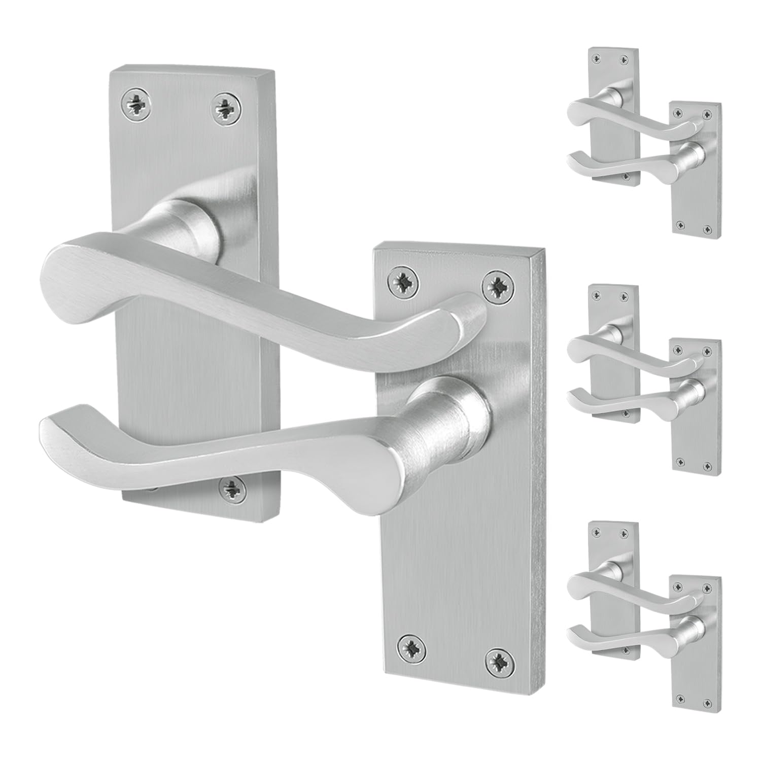 Eai Satin Chrome Satin Victorian Scroll Latch Handles, 4 Pairs Of Internal Lever Door Handles On Backplate