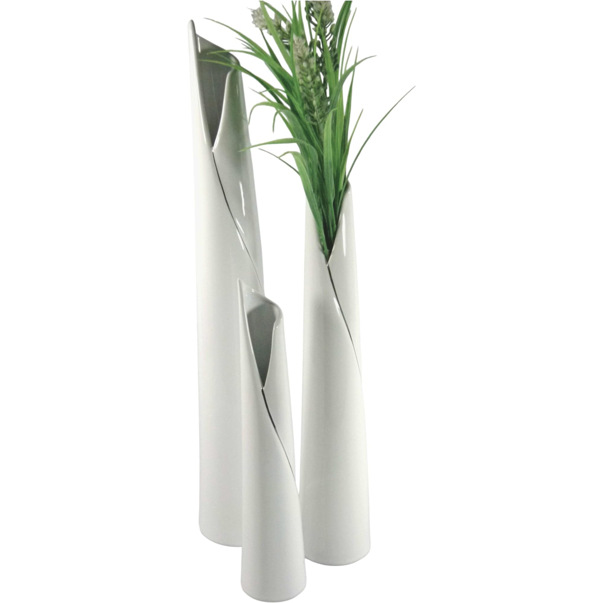 Vasen 3er Set - Keramik Vase Weiß, Modern, Minimalistisch - Deko Vasen für Pampasgras und Blumen, Handgefertigte Blumenvase, 30-50cm hoch
