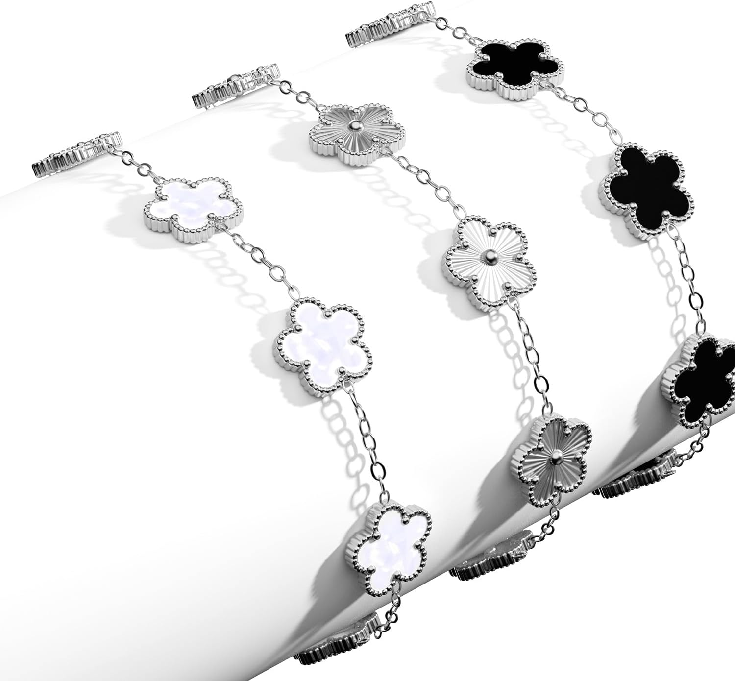 AICase 18K Gold Plated Clover Bracelet Dupes White/Black/Silver Bracelet Set for Women Flower Leaf Lucky Clover Bracelets Trendy Jewelry Birthday Gifts for Women/MoM/Daughter/Nana/Besties/Friends - Image 6