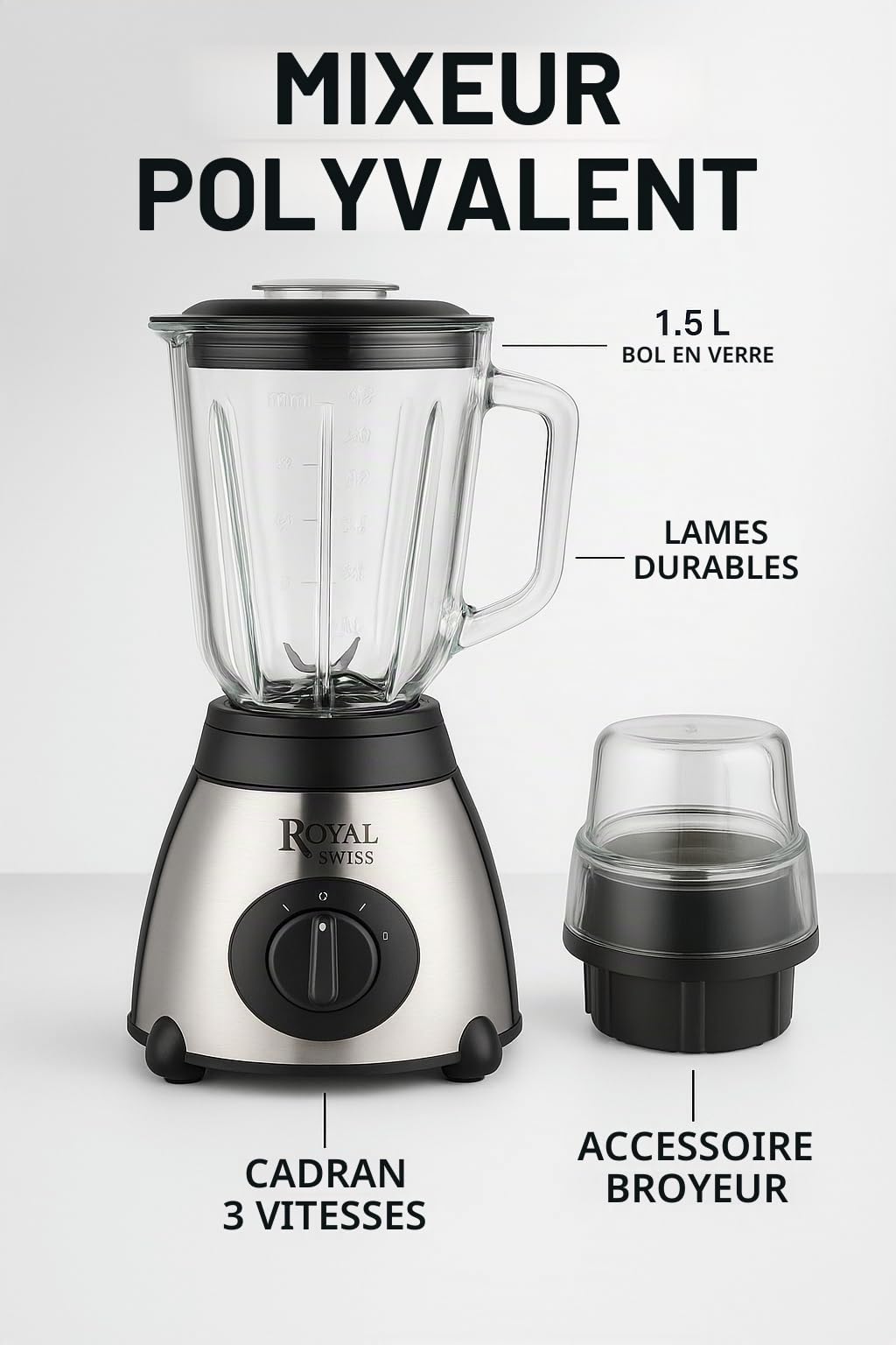 Royal Swiss® Blender 1030W – Mixeur Smoothie, Shake et Glace Pilée – Inox Durable – Bol 1,5 L – Mixeur Familial Haute Puissance pour Cuisine Maison