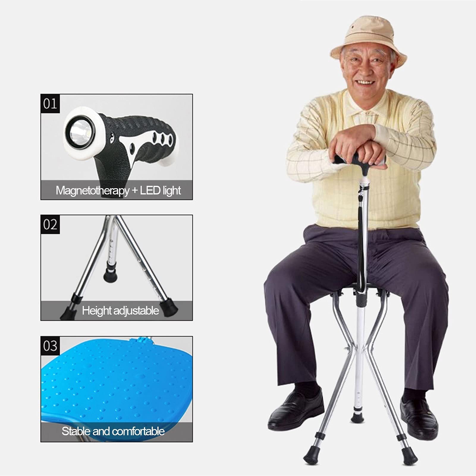Asiento de bastón plegable, silla de caña de aluminio ajustable de altura con luz LED, taburete de muleta para ancianos, personas mayores y discapacitados, mango de masaje y base antideslizante, azul