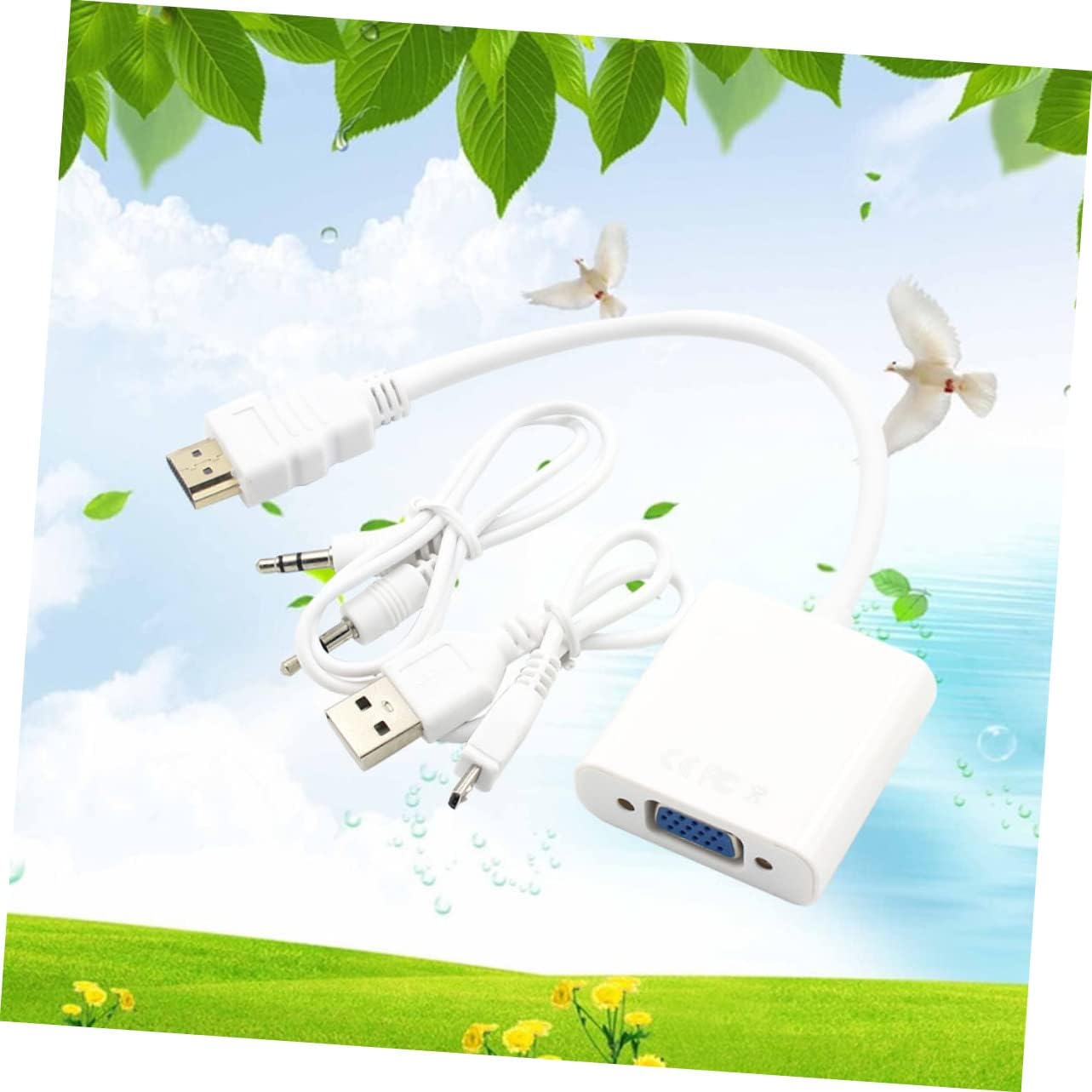 to Vga Adapter with Audio Support Full Video Output USB Power Cable Compatible with Computers Laptops Tablets and Projectors White