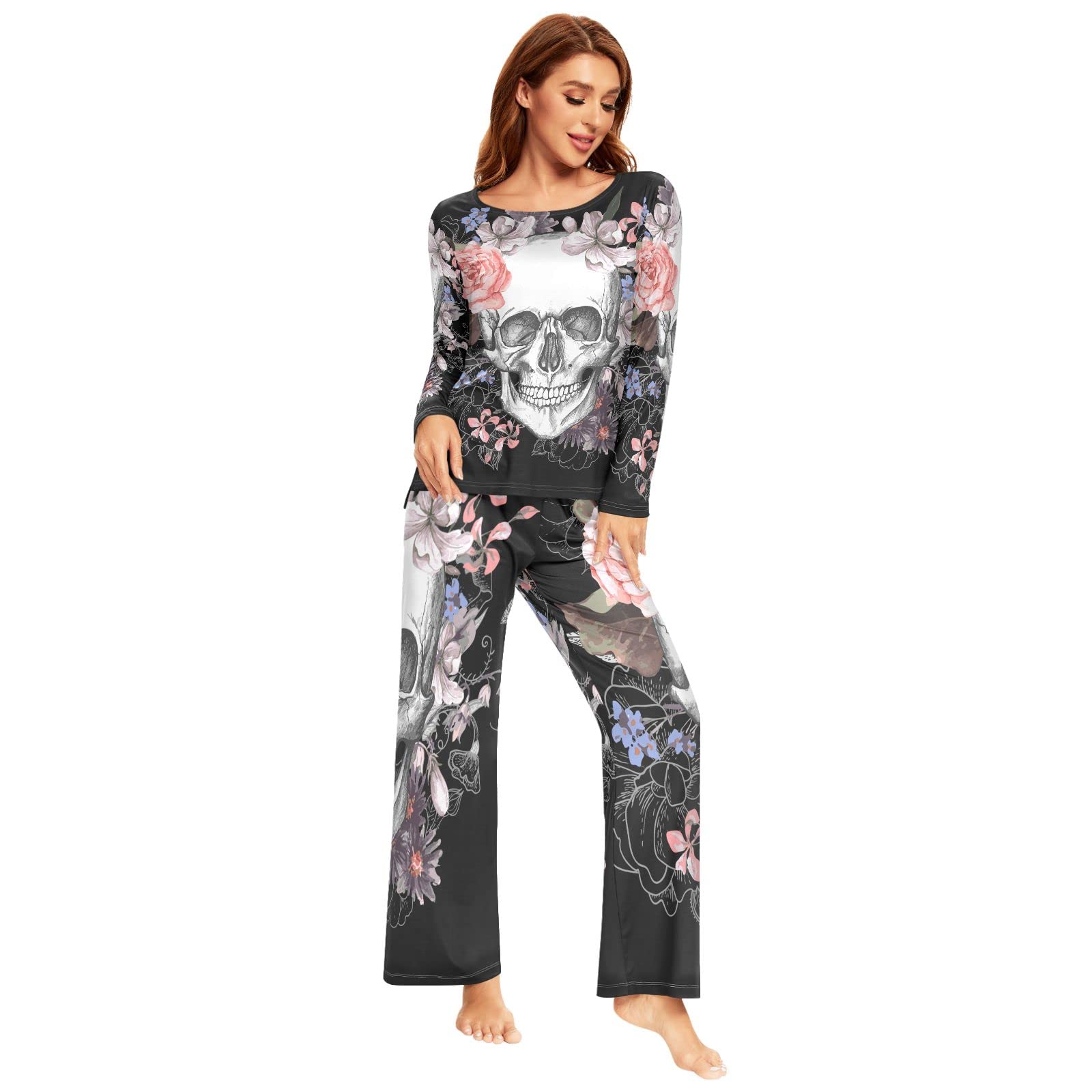 Youjuner Women's Multicolor Pyjamas Sets For Floral Sugar Skull Long Sleeve Sleepwear Loungewear Set Pjs Nightwear Set