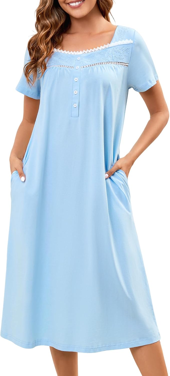 Bloggerlove 100% Cotton Nightgowns for Women Embroidery Button Short Sleeve House Dress Long Moomoo Nightgown with Pockets