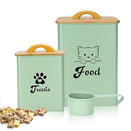 Dekosilave Cat Food Storage Container with Scoop, 2PCS Cat Food Storage Container with Lids Airtight, Cat Treat Jars for Kitchen Counter-7+3Lbs, Cat Cookie Jar for Storage,Saga Green