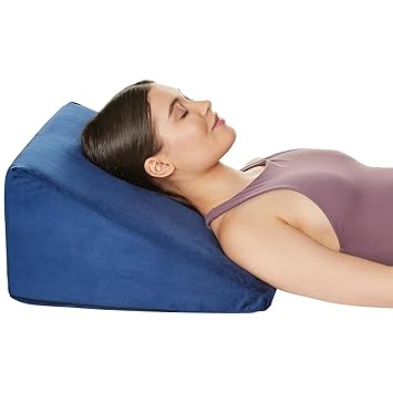 Amazon Basics Memory Foam Orthopedic Wedge Pillow |for Neck, Back Support, Cervical Pain, Acid Reflux, Snoring, GERD, Leg Elevation, Pregnancy -Ultra Soft Washable Velvet Cover -Blue, 25 x 44 x 45 CM - image, photos