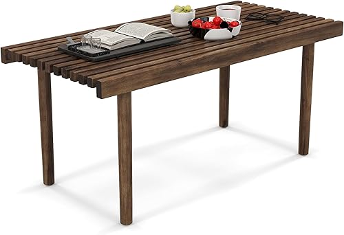 COSTWAY Mesa de centro de madera de goma de 39 pulgadas, mesa central rectangular moderna con tablero de listones, mesa de té de cóctel rústica