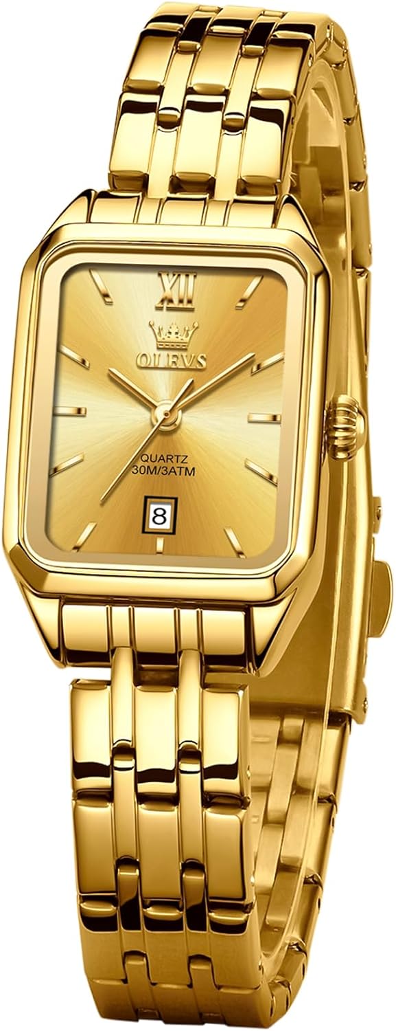 OLEVS Square Watches for Women, Gold Stainless Steel Bracelet Ladies Small Face Watches, Dainty Waterproof Women's Wrist Watches with Date, Gold/Black/White/Blue/Green Dial