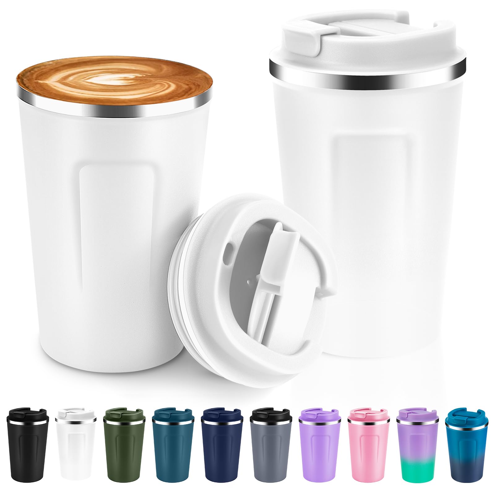 Volhoply 360ml 12oz Double Wall Insulated Vacuum Travel Coffee Mugs with Flip Lid Bulk 2 Pack,Reusable Stainless Steel Leak Proof Coffee Cup,Cafe Thermal Tumbler for Hot & Cold Drinks(White,2 Set)