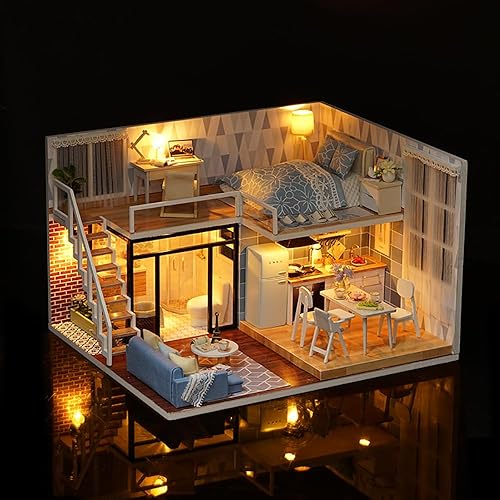Miniatura 2 de TuKIIE Kit de casa de muñecas en miniatura con muebles a escala 124 miniaccesorios de casa de muñecas de madera a prueba de polvo y movimiento