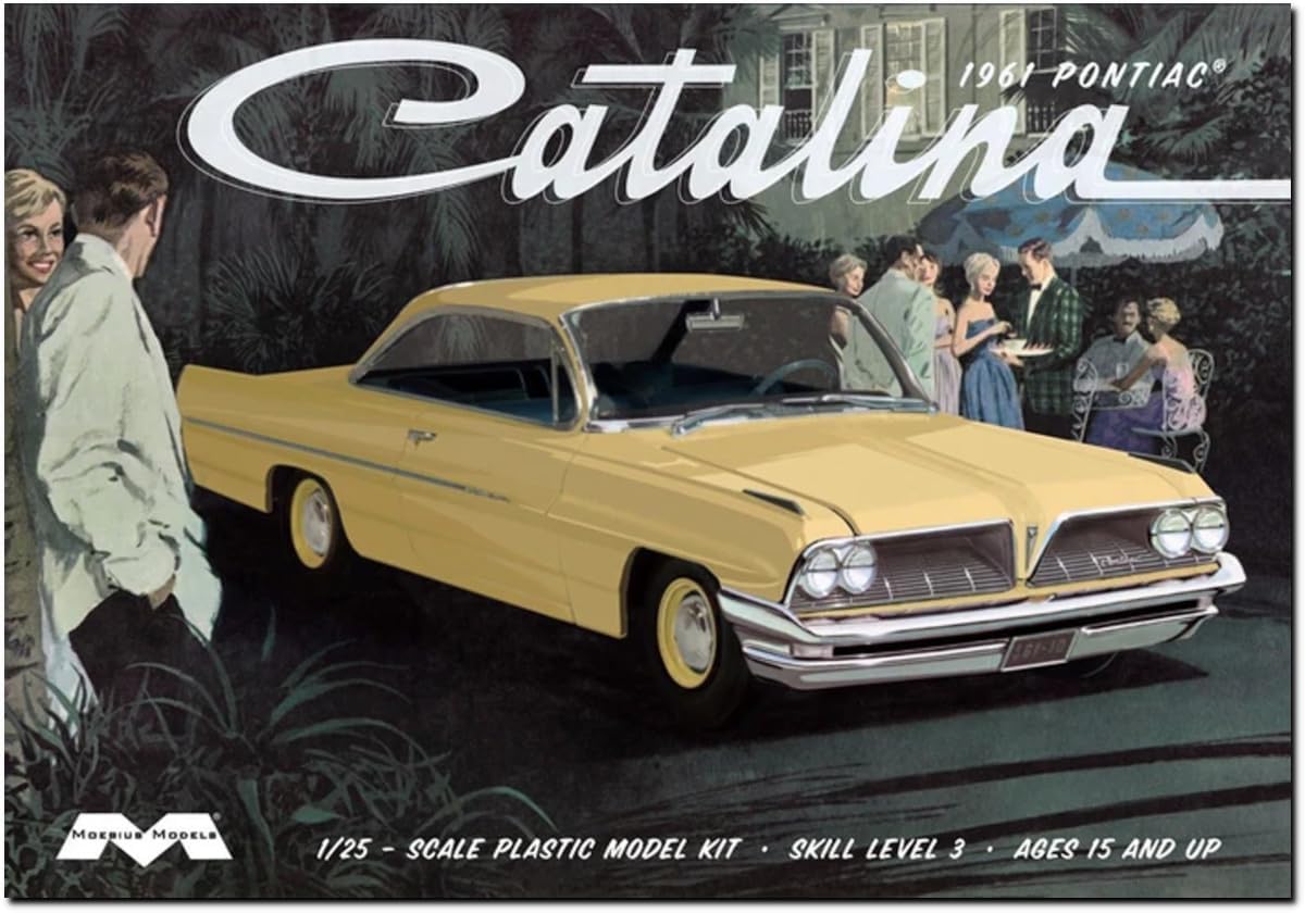 Box art for the Moebius Models 1961 Pontiac Catalina model kit, showing a yellow car with people in the background.