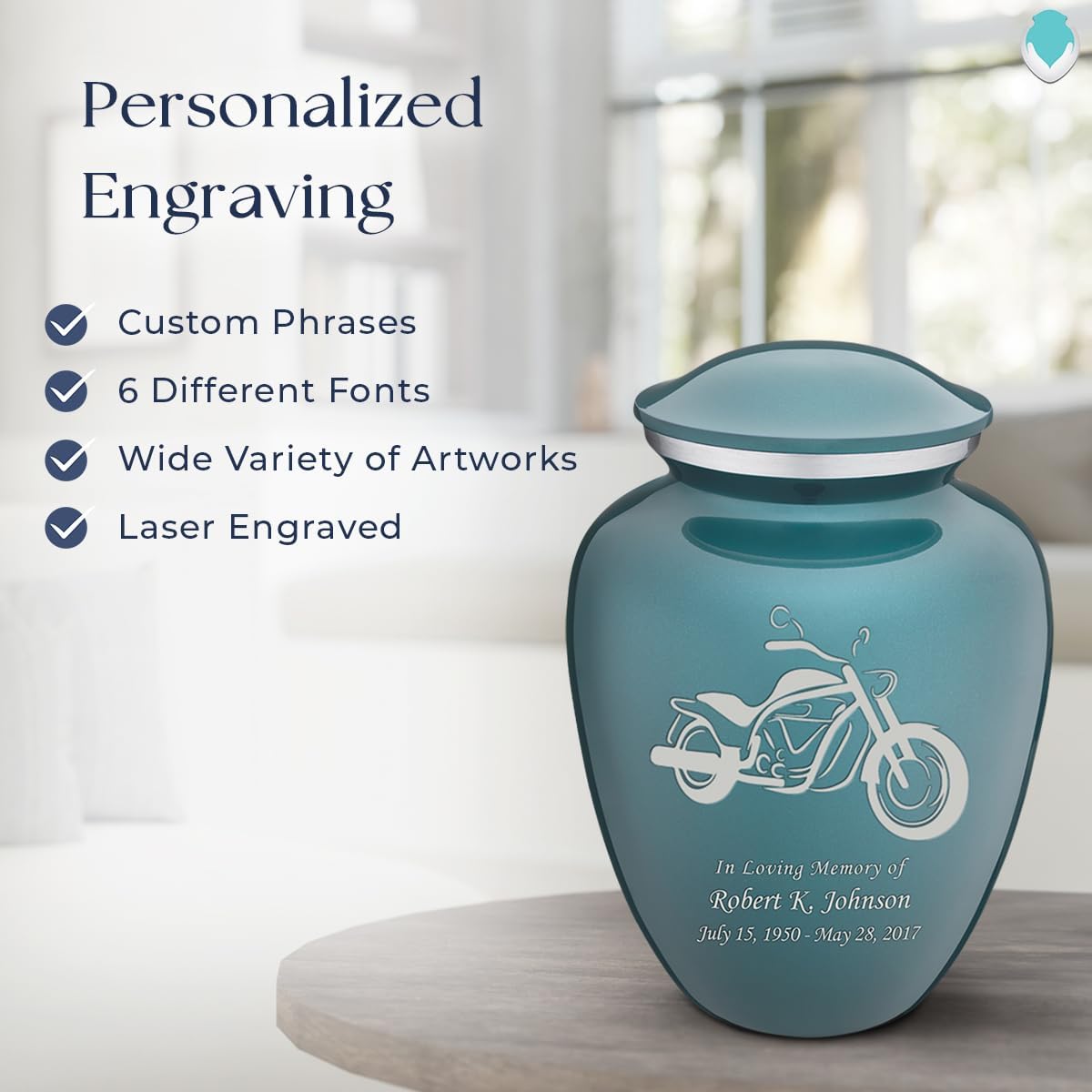 Geturns - Adult Personalized Motorcycle Cremation Urns for Human Ashes I Large Teal Funeral Urn for Men and Women I 200 lbs