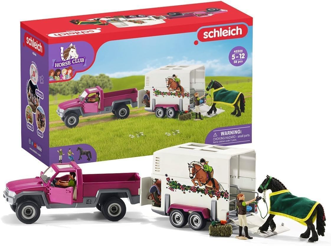 SCHLEICH HORSE CLUB | Pick-up con rimorchio per cavalli 42346 | Set con veicolo, rimorchio, cavallo, 2 personaggi umani e accessori | Giocattolo equestre & regalo per bambini | Set da 38 pezzi