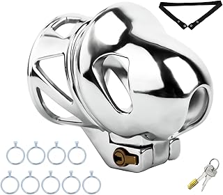 Cage de Chasteté en Métal pour Pénis Sex Toys Homme Chastity Cage avec Serrure Cachée et 9 Anneaux pour le Gland Cages Chastetée en Acier Inoxydable avec Ceinture pour Bondage le Pénis (A-Belt)
