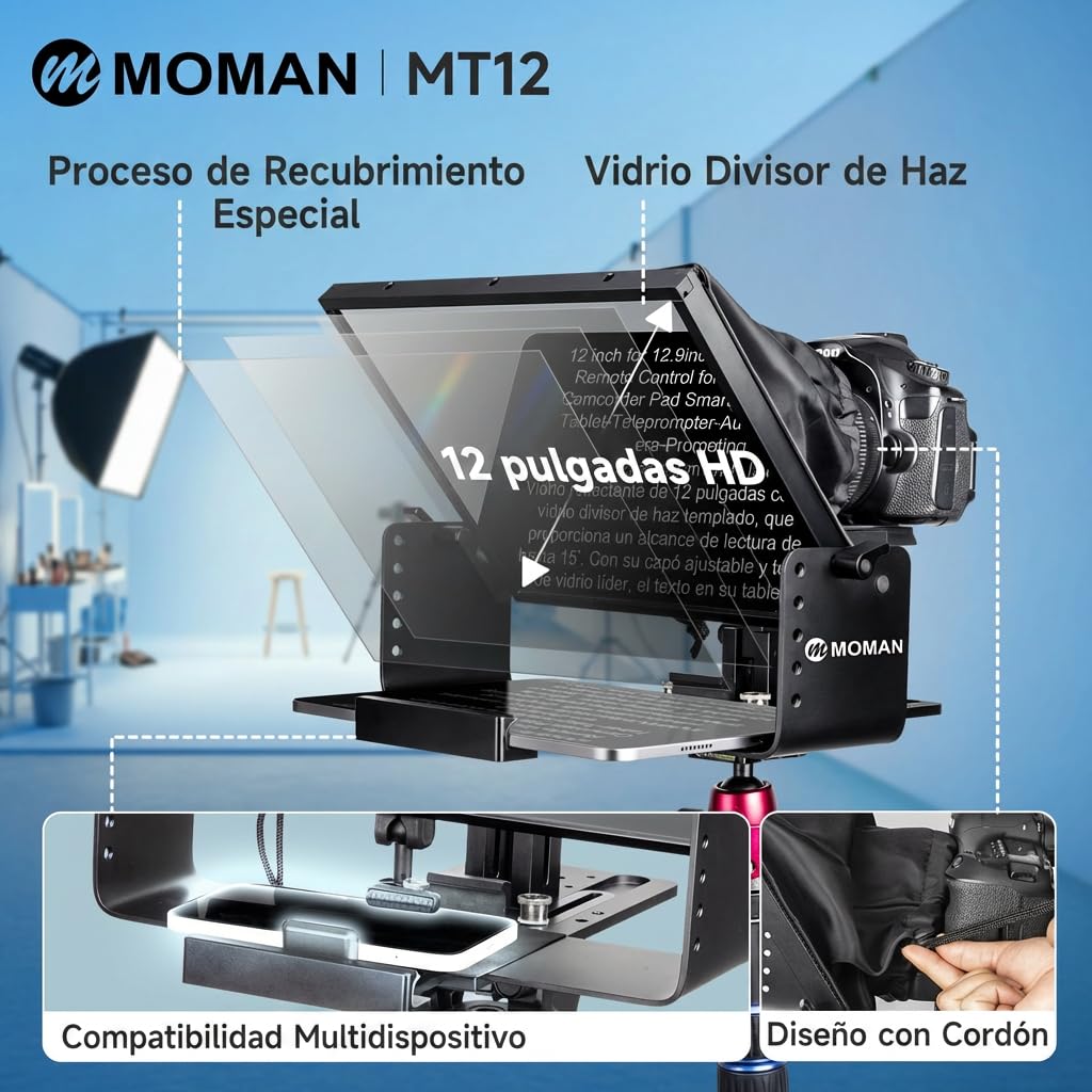 Moman MT12 Teleprompter Metálico de 12,9 Pulgadas, con App Remota y Control Remoto, Soporte Ajustable - Compatible con iPad, iPhone, Tabletas, Smartphones y Cámaras DSLR