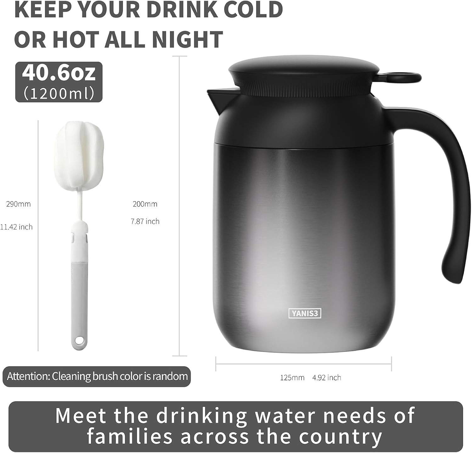 40.5 oz Thermal Coffee Carafe, Stainless Steel Insulated Carafe, Portable Vacuum Thermal Pot with Leak-Proof Lid, Keeping Hot Cold Coffee, Tea, Beverage, Used at Office, Home, Picnic (Black)