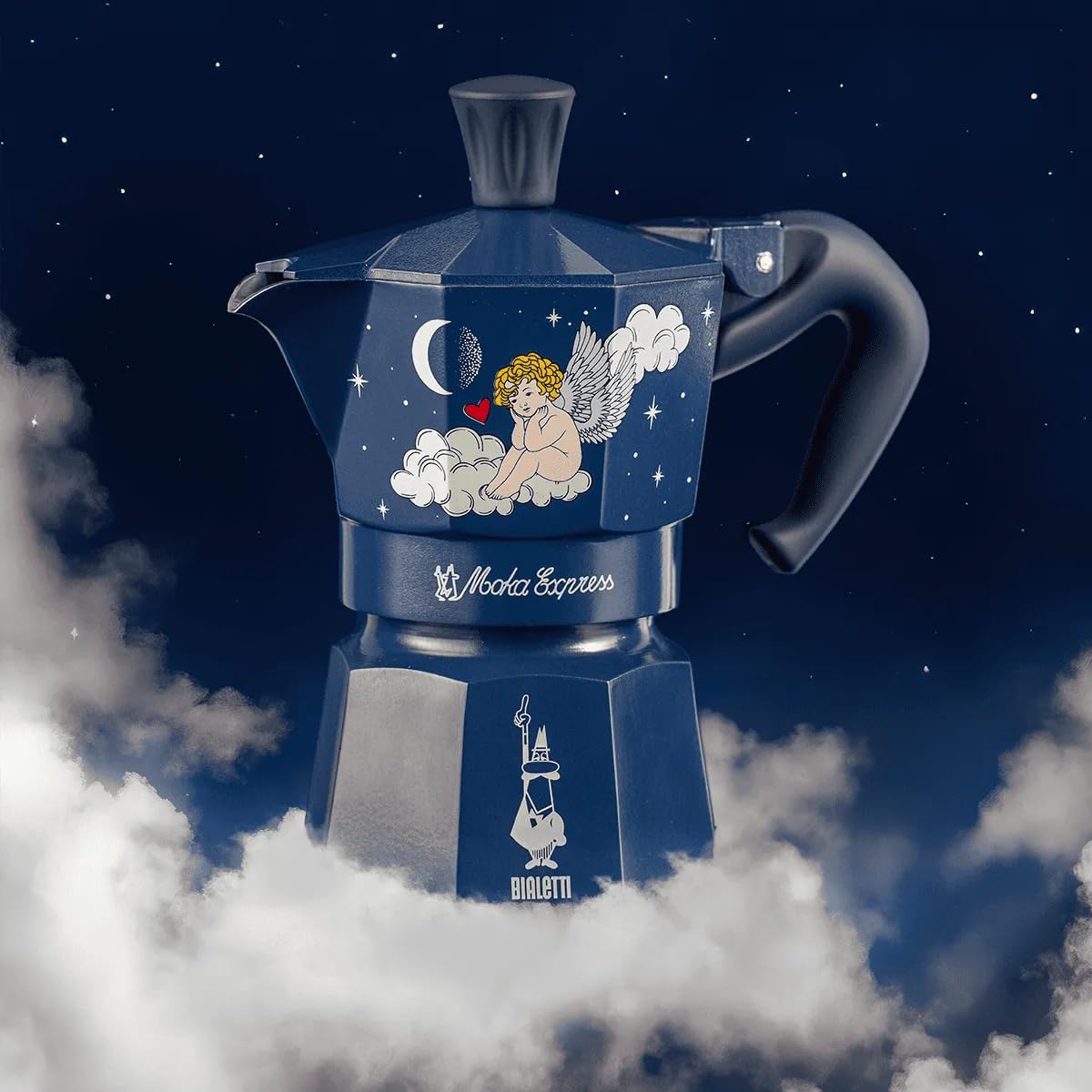 Bialetti Moka Ekspres do kawy Special Edition gwiaździste niebo, niebieski amorek, 3 filiżanki, aluminium, ręczny, przygotowanie kawy do espresso, klasyczny design, 130 ml