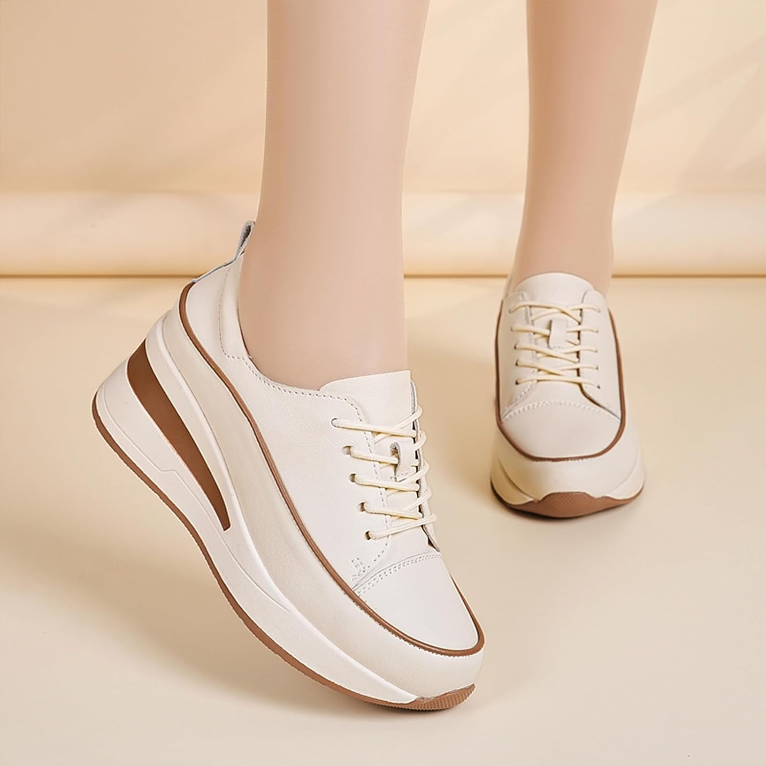 Women's Leather Lace-Up Platform Wedge Sneakers Breathable Lightweight Comfortable Low Top Walking Shoes with Arch Support Non-Slip Fashion Casual Sneakers - Image 3
