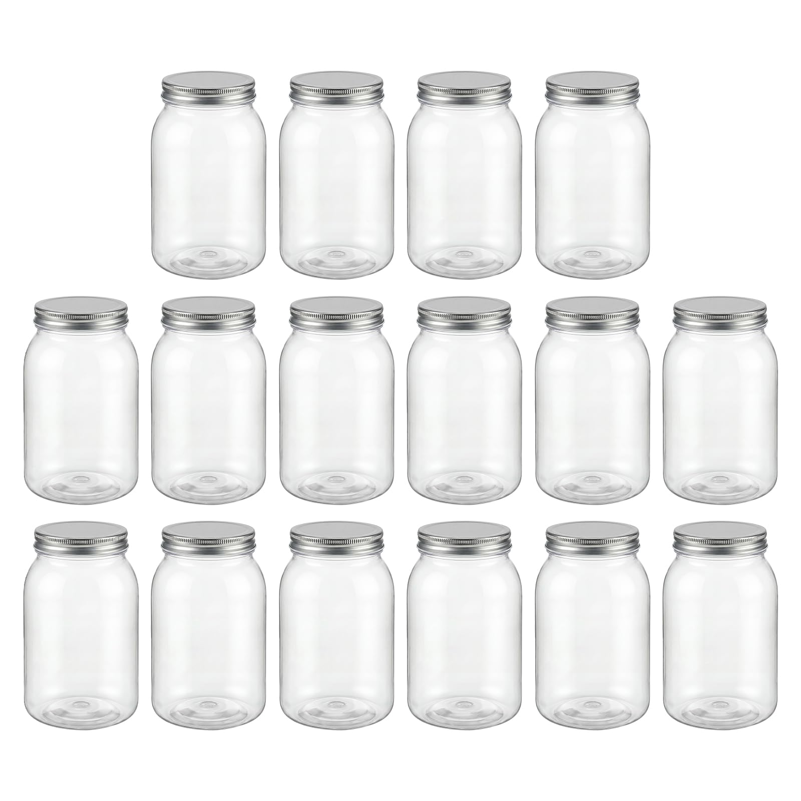 novelinks 32 oz clear plastic jars with lids, 16 pack large plastic mason jars with lids 32oz, reusable quart containers for kitchen organization (16 pack,silver)