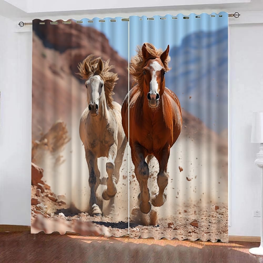 Sand Chestnut HorseBlackout Decor Curtains 2 Panels 84" L x 54" W Wildlife Horse Running Window Treatment Set Grommet Heat Insulation Noise Reduction Drapes for Living Room/Bedroom