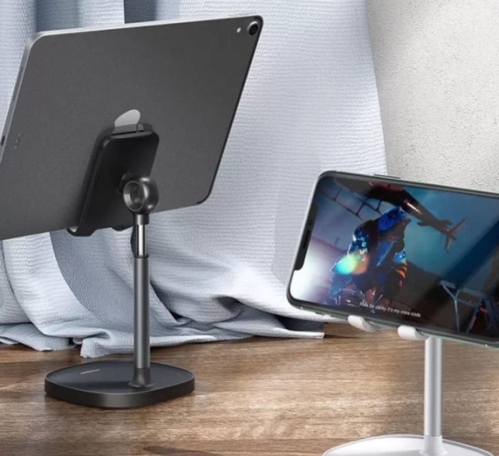 Two Mcdodo TB-7821 holders, one with a tablet and one with a phone, demonstrating multi-device use and different height/angle adjustments.
