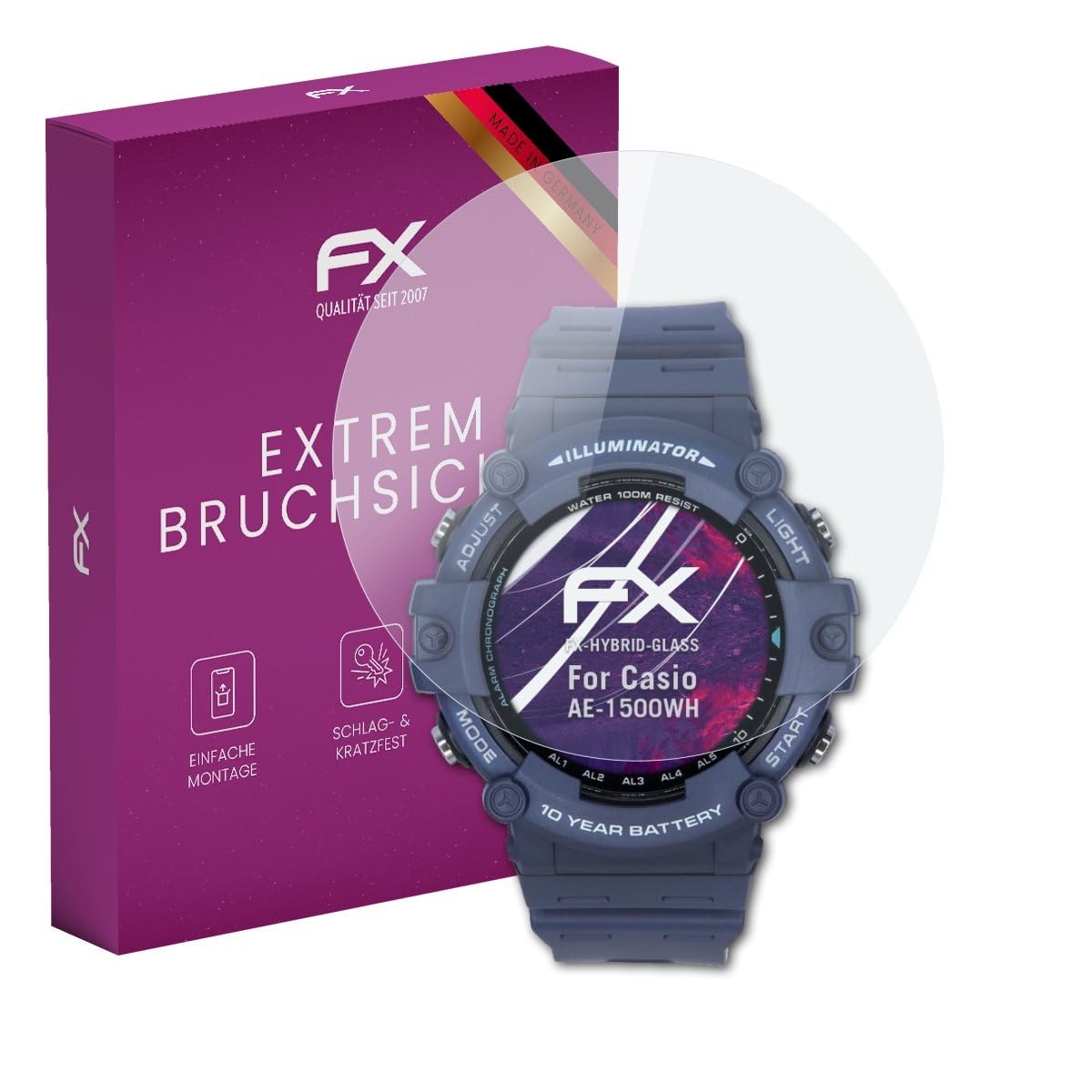 atFoliX Plastic Glass Protective Film compatible with Casio AE-1500WH Glass Protector, 9H Hybrid-Glass FX Screen Protector