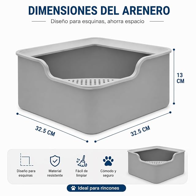 Foto 2 de 6 de Bandeja Sanitaria Esquinera para Gatos 32,5 x 32,5 x 13 cm, Caja de Arena Abierta para Esquinas