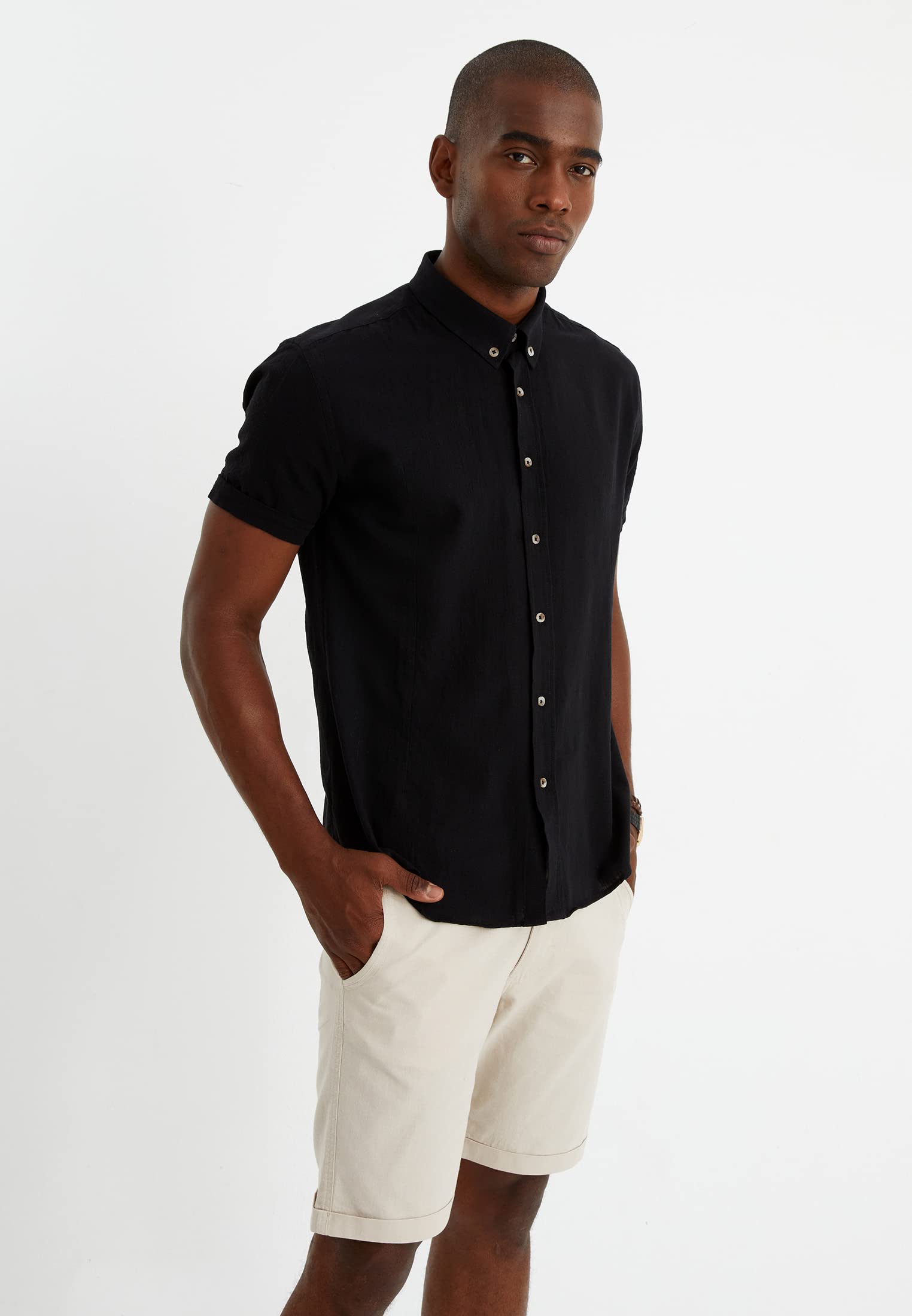 Leif Nelson Camicia in lino da uomo, a maniche corte, in lino, per il tempo libero e il lavoro, misto lino e cotone/vestibilità regolare