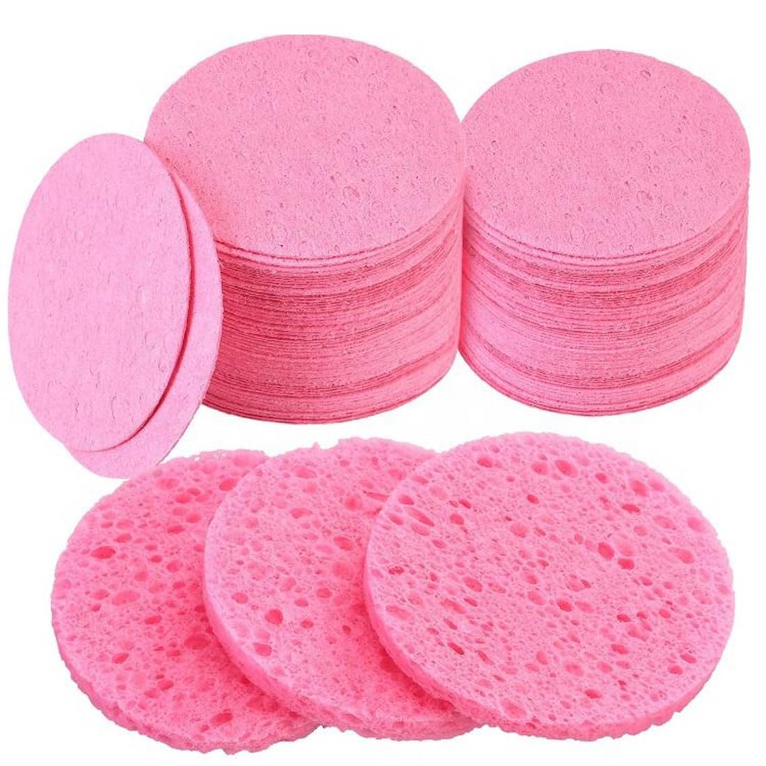 50 Pcs Compressed Facial Sponge, 60mm/2.4 Inch Natural Wood Pulp Cotton Facial Washing Sponge for Facial Cleansing, Exfoliating Mask, Makeup Removal(Round) (Pink)