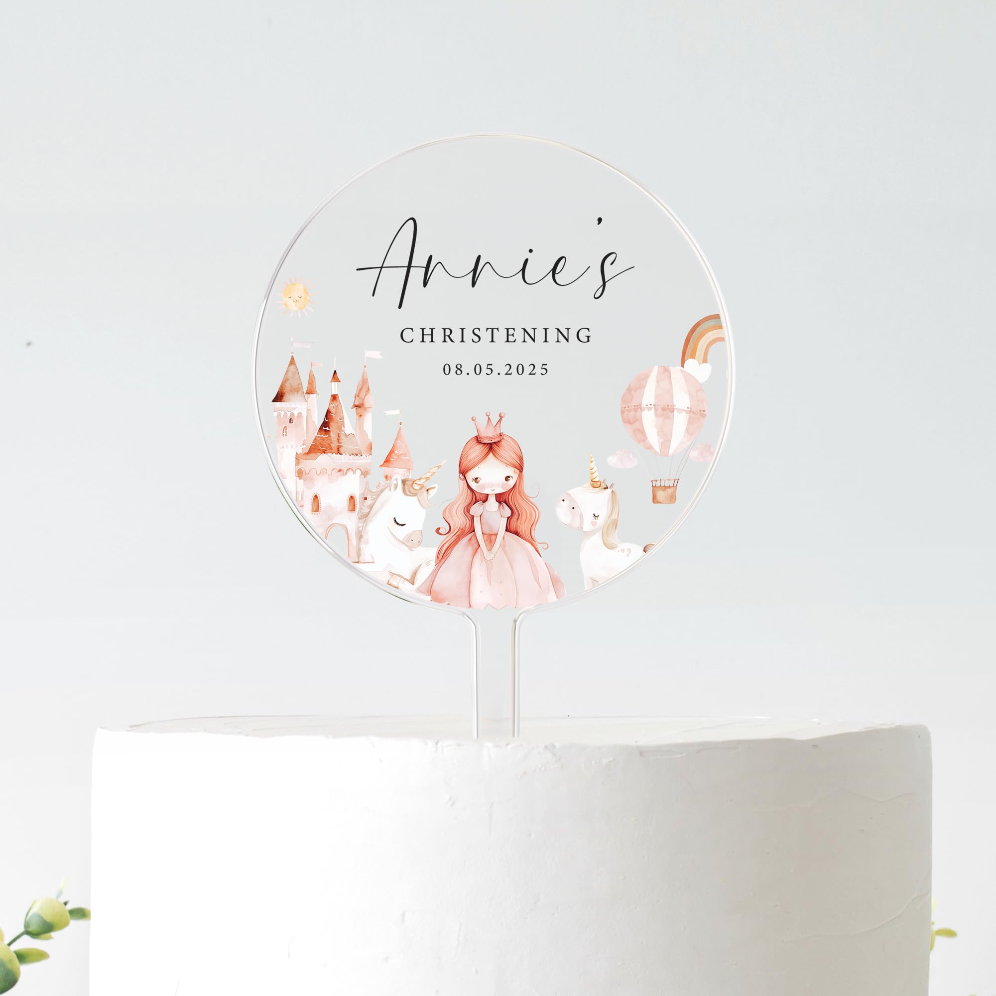Personalised Princess Christening Cake Topper | Fairytale Castle Baptism Decoration | Custom Name & Date | Frosted Acrylic | 10cm or 12cm (BLACK TEXT, 10CM)