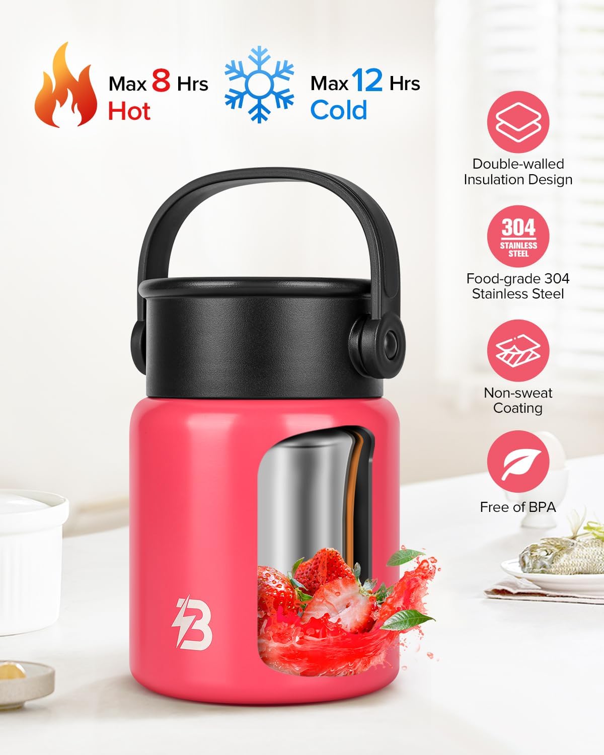 Soup Thermo for Hot Food, 17OZ Insulated Food Jar Width Mouth Stainless Steel Lunch Box Thermo for Adults with Spoon - Image 2