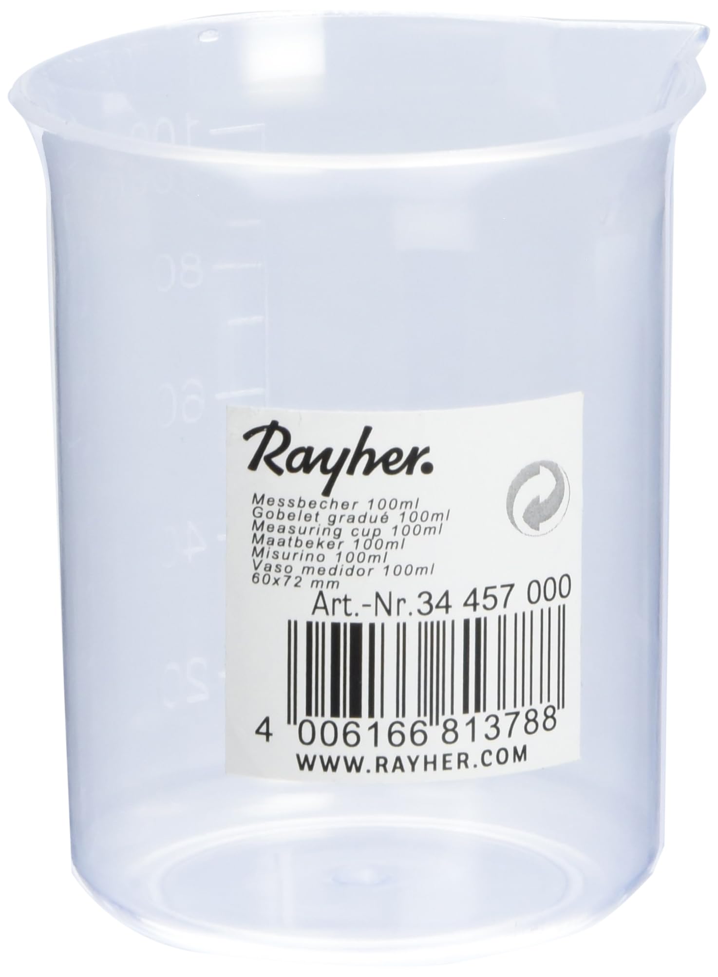 Rayher 34457000 Misurino Piccolo Volume 100 Ml, Diametro 5,2Cm, Altezza 72 Mm, Con Beccuccio, Senza Manico, in Plastica Trasparente, per Misurare, Miscelare Materiali per Lavori Creativi Come Vernici
