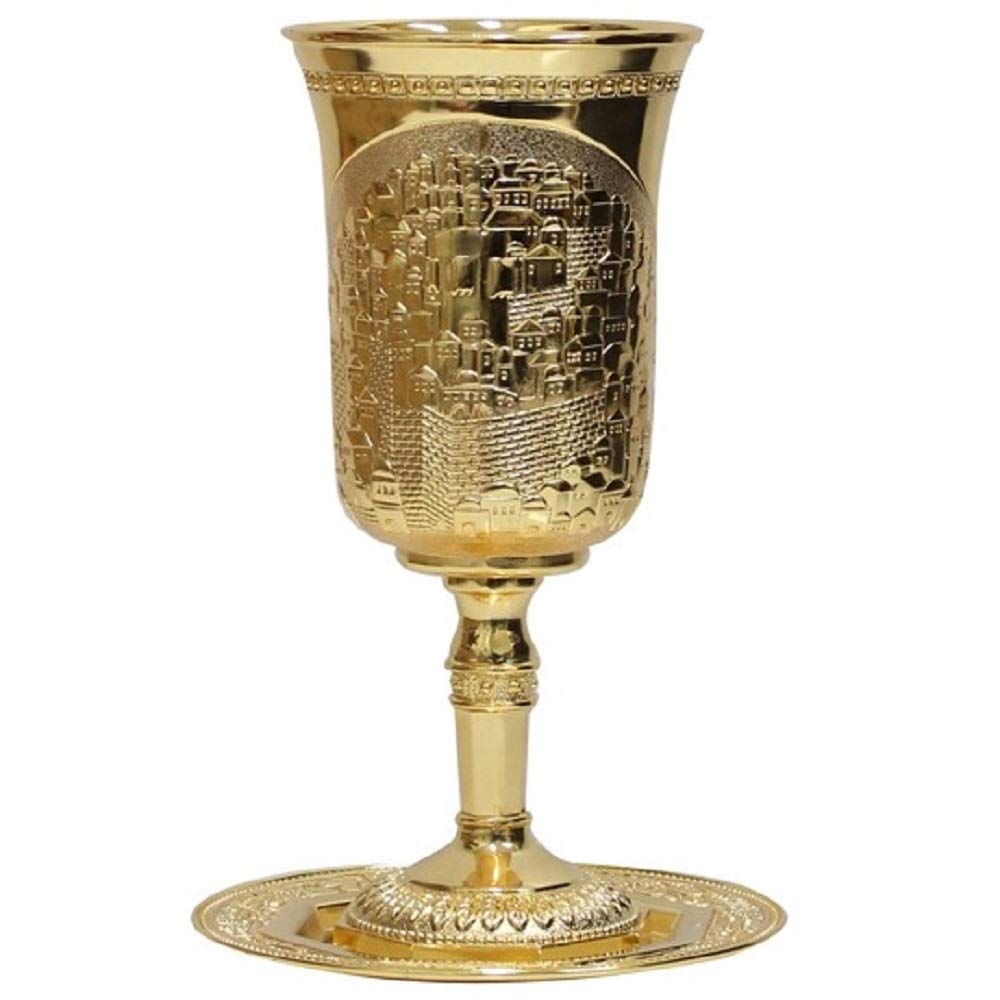 Kiddush Cup For Shabbat With Plate Gold Plated Length/Height 10