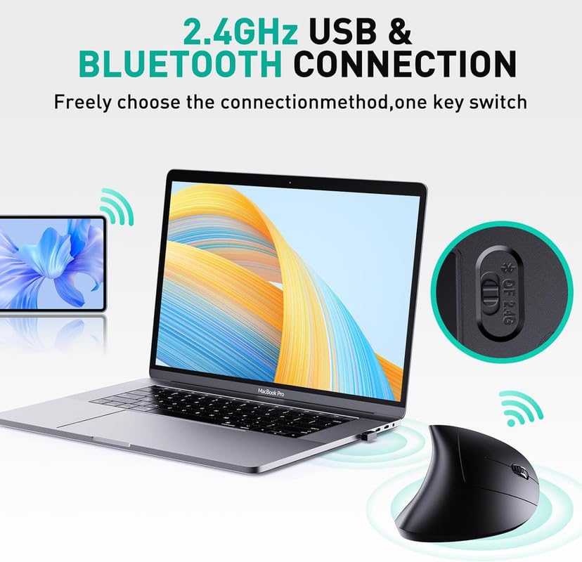 Image of COOLCOLD Vertical Wireless Mouse, Ergonomic Rechargeable Optical Mouse with 2.4G USB & Bluetooth Dual Mode, Low Noise Click, Adjustable 800-2400 DPI, 6 Buttons, for Windows, Mac & Linux