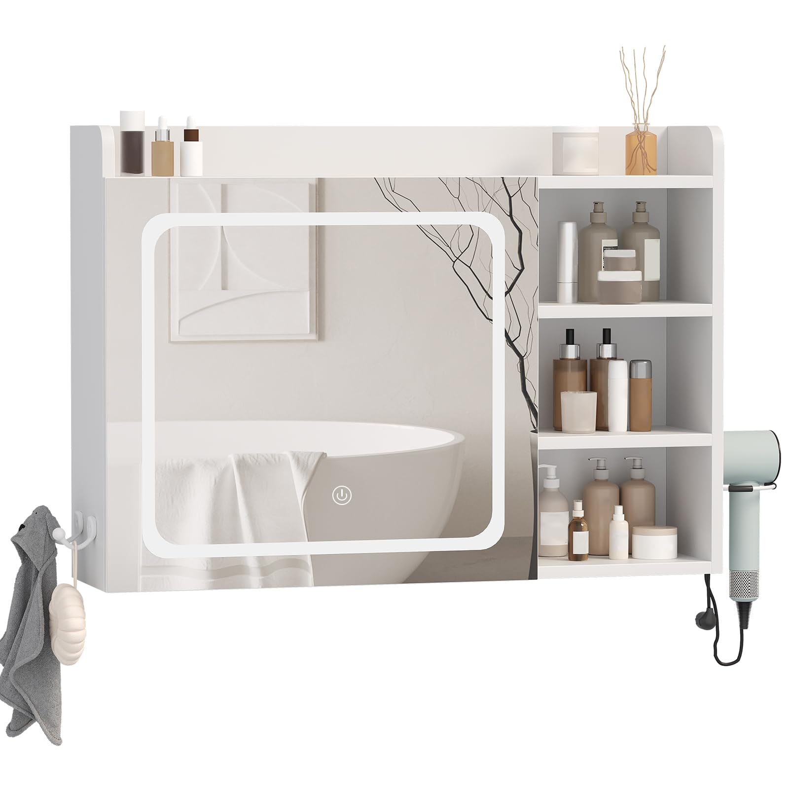 BEWISHOME Spiegelschrank Bad mit Beleuchtung,Badezimmer Spiegelschrank,Badezimmerschrank hängend mit 3 Farbtemperatur Dimmbare,verstellbare Ablagen und Föhnhalter Weiß 17.5 x 80 x 60 cm EYJG01W