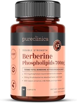pureclinica Double Strength Berberine Complex 700mg Active Berberine Dihydroberberine, Ceylon Cinnamon, Milk Thistle 60 Caplets High Absorption 2 Month Supply