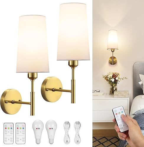 Aplique de pared a pilas, aplique de pared recargable con control remoto, apliques de pared inalámbricos regulables, juego de dos apliques de pared