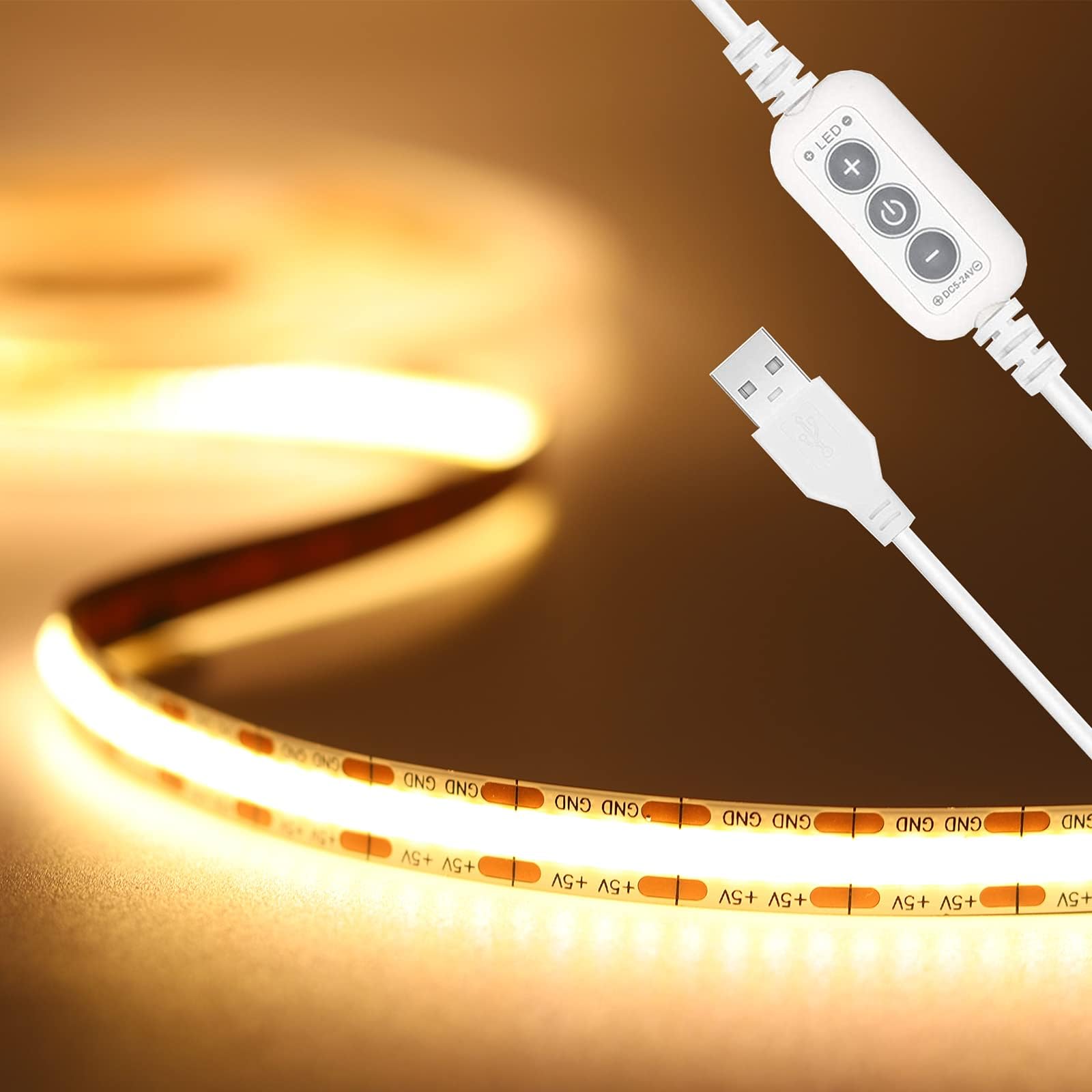 LED Strip Light 5V USB 6.56ft/2m 640LEDs 1200lm Dimmable COB LED Strip Light 3000K Warm White CRI85+ USB TV Backlight,Flexible Under Cabinet Tape Light for Bedroom,Kitchen,Home DIY Lighting