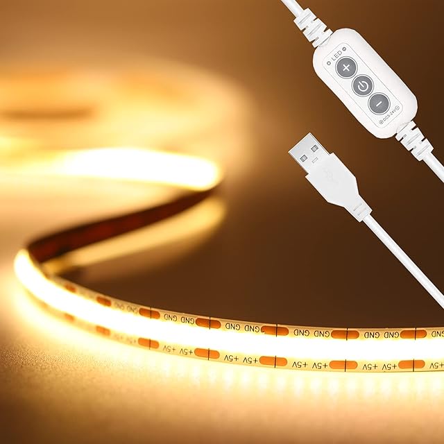 PAUTIX USB 2M 5V COB LED Strip Light, 640LEDs Warm White 3000K Dimmable LED Tape CRI85+ Flexible Tape Light for TV Monitor Backlight, Mirror, Cabinet, Wardrobe, Home DIY Lighting
